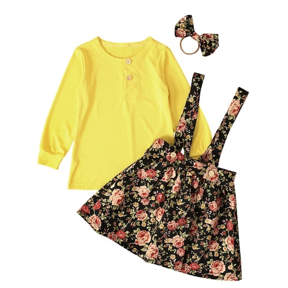 Children Kids Girls Yellow Shirt + Floral Suspende - Picture 3 of 4